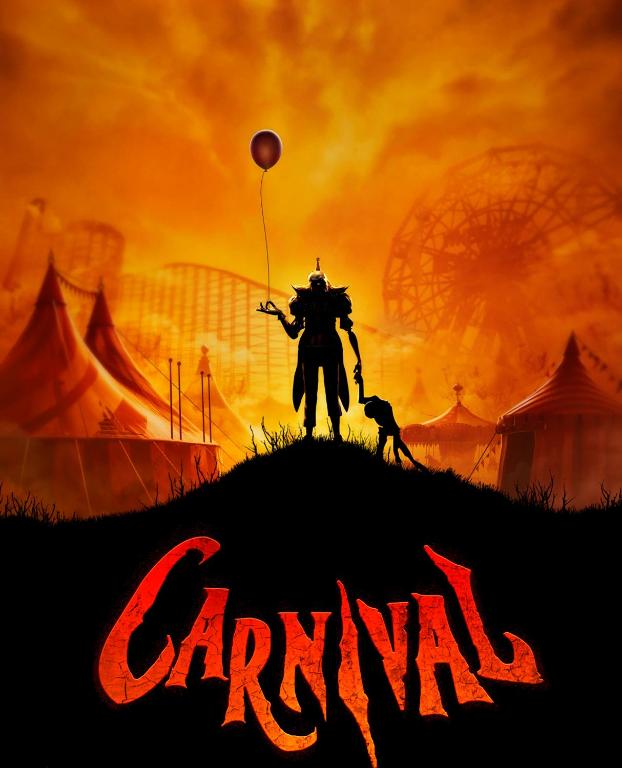 Tumsā nostādīts tēls ar balonu, stāvot uz pakalna ar suni blakus, fona ir izklaides parka elementi un spilgti oranžs debesu tonis. Apakšā redzams vārds "CARNIVAL" izteiksmīgā stilā.