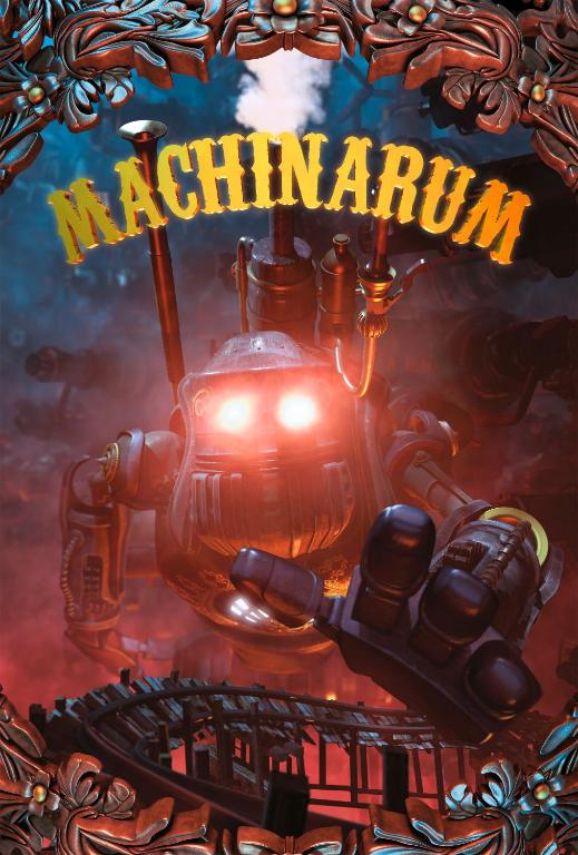 Rūpīgi izstrādāta robota attēls ar spīdīgām acīm un izteiksmīgu roku, kas izstaro noslēpumainību un tehnoloģisko pasauli. Fonā redzamas dzelzceļa sliedes un tumsas atmosfēra, kas piešķir attēlam fantastisku noskaņu.