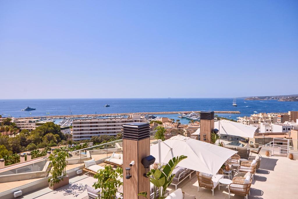 Skats uz jūru no augstceltnes terases, kur redzamas jachtas un ostas krasts, apkārtne ir zaļa un saulaina. Ideāla vieta atpūtai un relaksācijai.