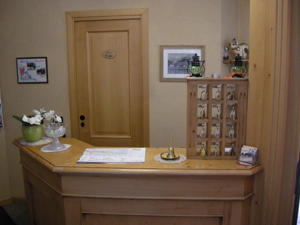 Reģistratūras zona ar koka leti, ziedu kompozīciju un dekoratīviem elementiem. Sienā redzama bilde un durvis, kas ved uz citu telpu.