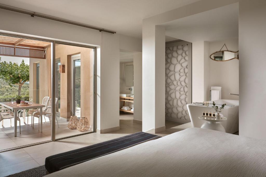 Mūsdienīgs viesnīcas numurs ar plašu terasi, kurā ir galds un krēsli, un skats uz dabu. Interjers ir gaišs un elegants, ar vannu un izsmalcinātu dekoru.