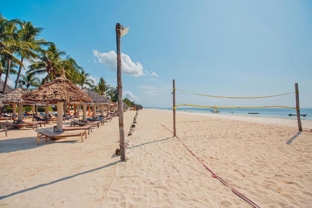 Pludmale pie AHG Waridi Beach Resort & Spa ar volejbola laukumu un palmām.