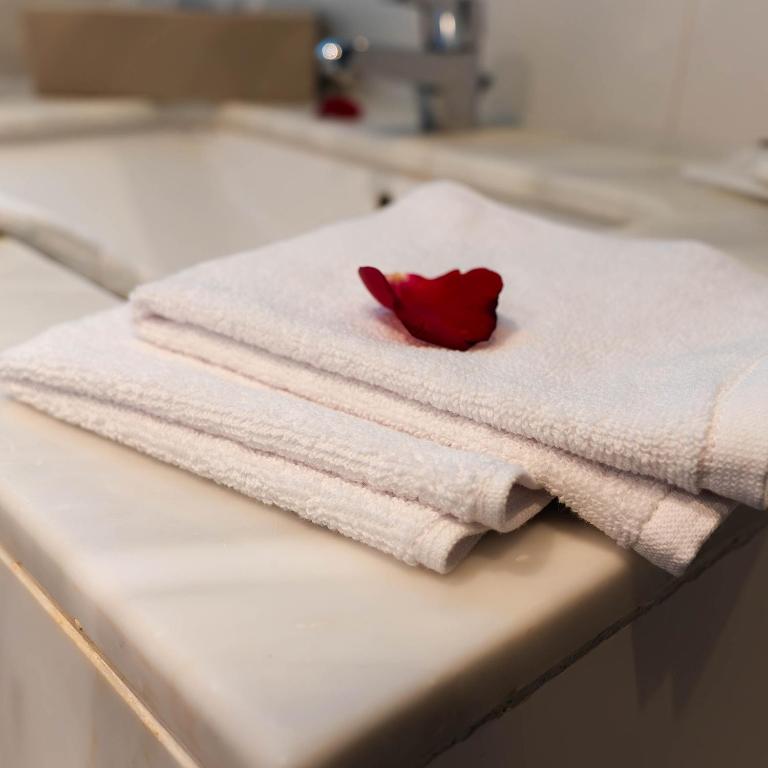 Tīri dvieļi ar sarkanu ziedlapiņu uz marmora virsmas, radot relaksējošu un elegantu atmosfēru.