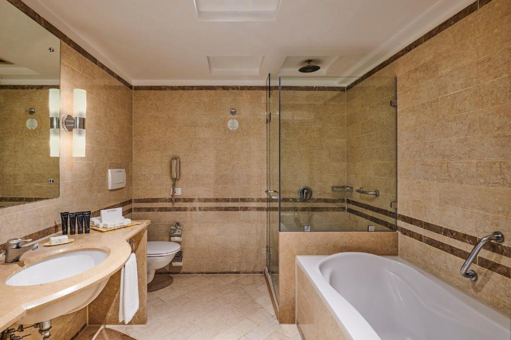 Moderns vannas istabas interjers ar akmens apdari, dušu un vannu. Telpa ir gaiša un eleganta, aprīkota ar mūsdienīgām sanitārajām iekārtām un higiēnas piederumiem.