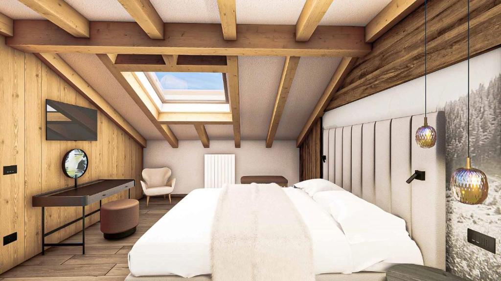 Mūsdienīgs guļamistabas interjers ar koka sijām, liela gulta un ērtas mēbeles. Telpā ir liels logs ar skatu uz debesīm un elegants apgaismojums.