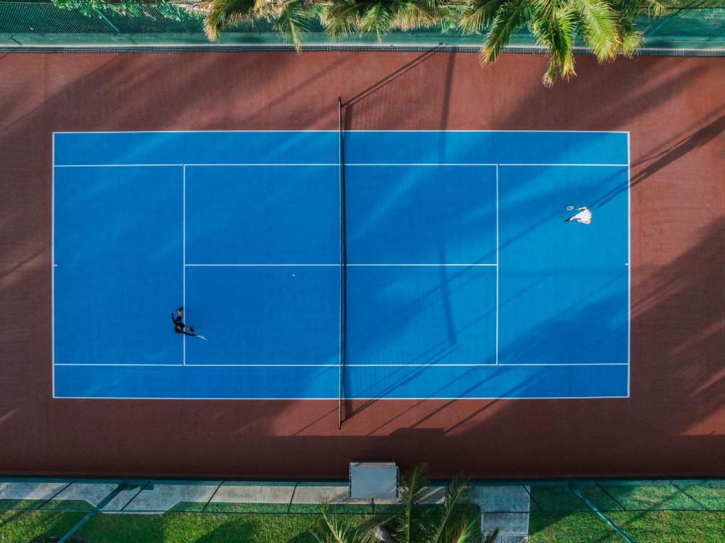 Divi tenisisti spēlē uz zila laukuma, ar redzamām ēnu līnijām un zaļām palmu lapām malā.