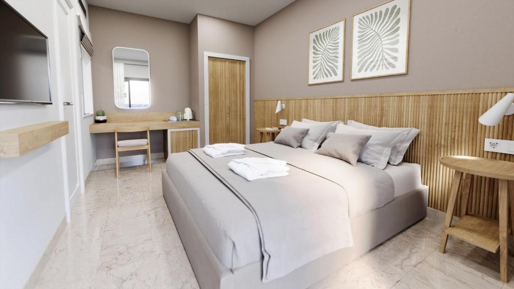 Mūsdienīga guļamistaba ar plašu gultu, dekora elementiem, koka paneļiem un ērtu rakstāmgaldu. Telpa ir gaiša un eleganta, ar dabīgām krāsām un modernu dizainu.