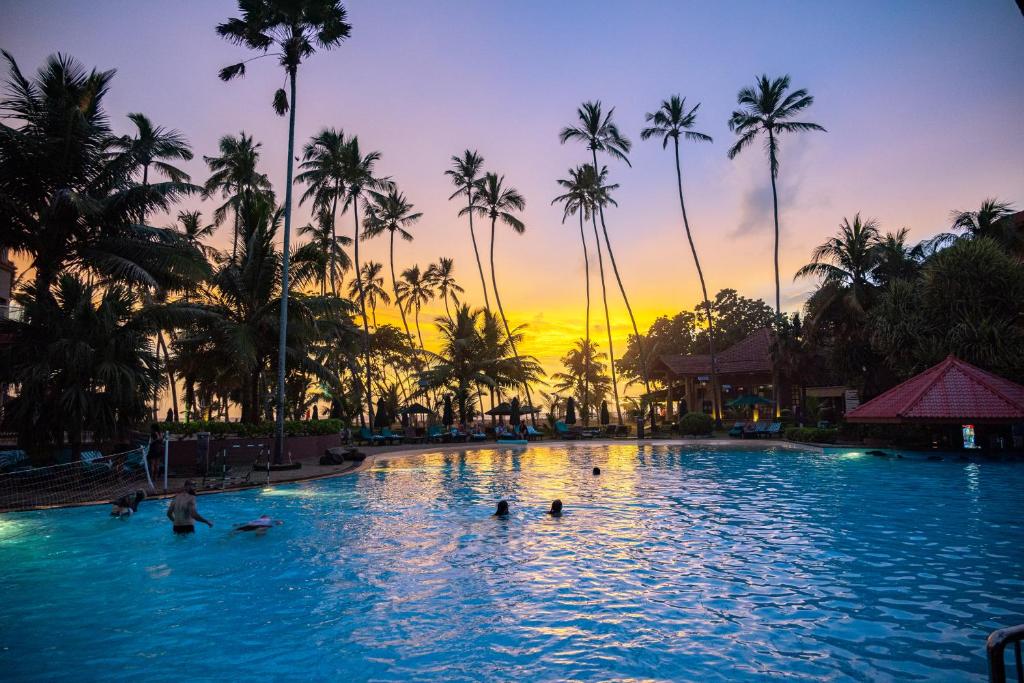 Tropu baseins ar palmām un saulrietu, radot relaksējošu atmosfēru. Apmeklētāji izbauda ūdens aktivitātes, kamēr debesis iekrāsojas siltās krāsās.
