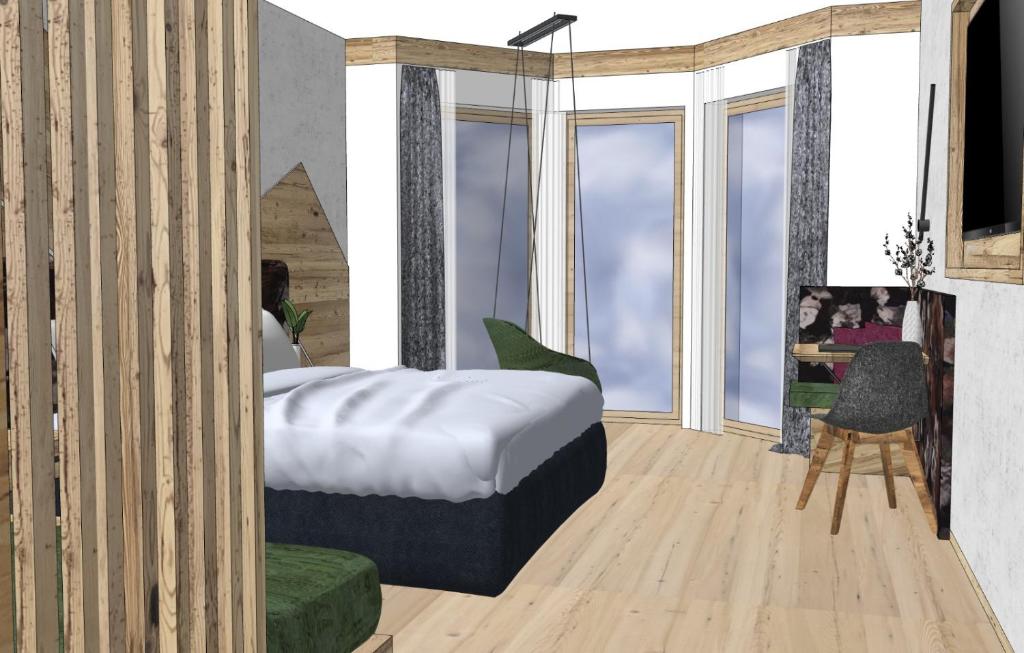 Mūsdienīgs guļamistabas interjers ar koka elementiem, plašiem logiem un ērtu gultu. Telpa ir estētiski iekārtota, radot relaksējošu atmosfēru.