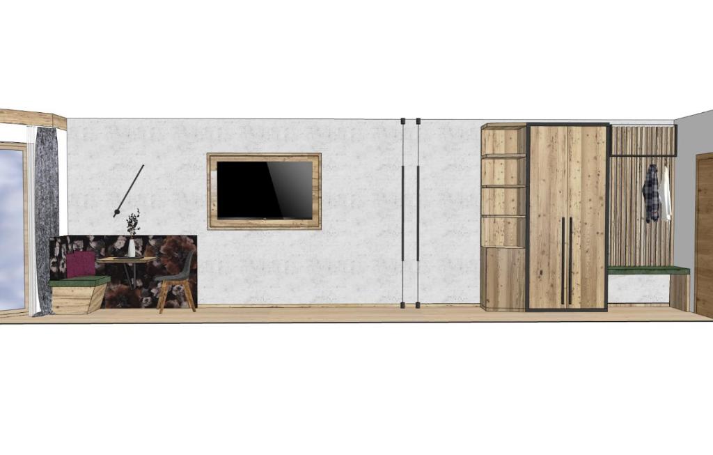 Mūsdienīgs interjera zīmējums ar koka skapjiem, televizoru un nelielu rakstītāja stūrīti. Telpa ir gaiša un funkcionāla, radot patīkamu atmosfēru.