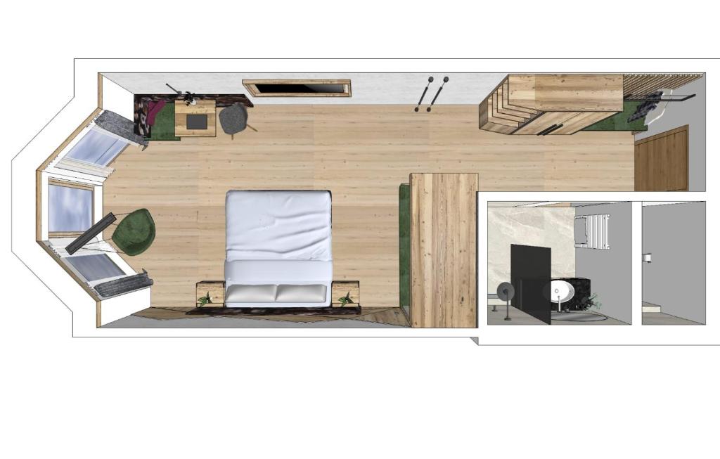 Telpas plāns ar guļamistabu un vannas istabu, moderns dizains ar koka grīdu un lieliem logiem. Interjers ietver gultu, darba staciju un augus, radot mājīgu atmosfēru.