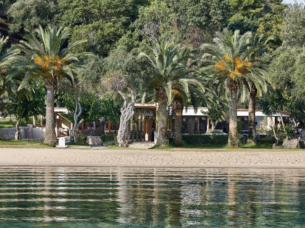 Pludmales villas ar palmām un zaļumiem, kas atspoguļojas ūdenī. Ideāla vieta relaksācijai un brīvdienām.