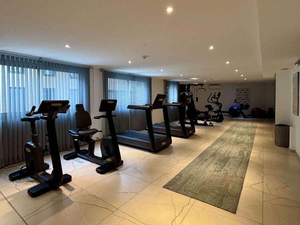 Mūsdienīga trenažieru zāle ar dažādām sporta iekārtām, tostarp velosipēdiem un skrejceļiem, apgaismota ar dabīgu gaismu.