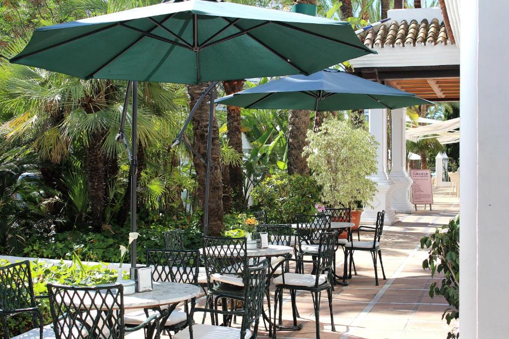 Āra kafejnīca ar melnām metāla galdiem un krēsliem, pārklāta ar zaļiem saules jumtiem, ieskauta tropiskām augiem un palmām. Gaisīga un patīkama atmosfēra atpūtai.