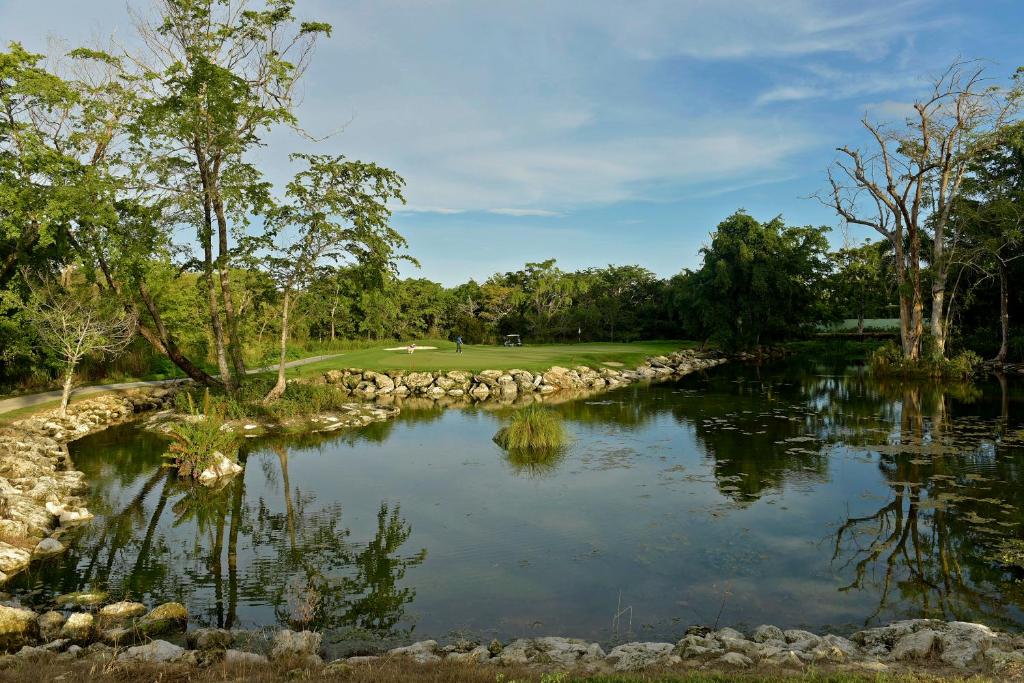 Zaļš golfa laukums ar ūdenstilpni un kokiem ap to, kas atspoguļojas ūdenī. Ideāla vieta relaksācijai un sportiskai aktivitātei.