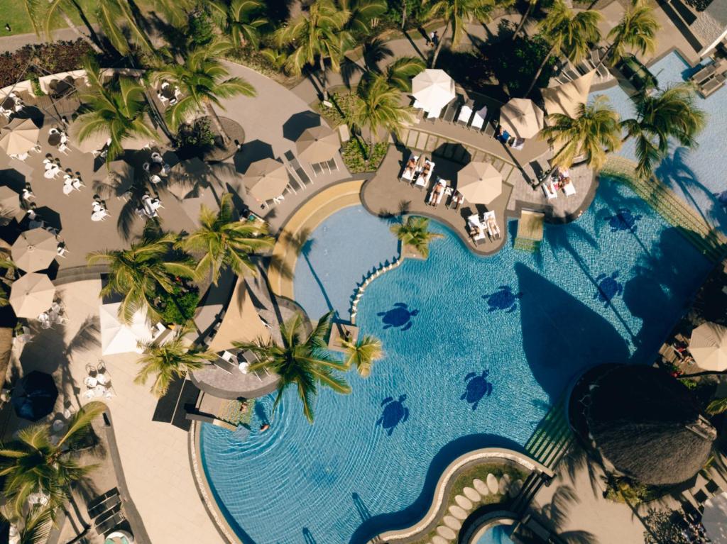 Viegli redzams tropu peldbaseins ar palmu ēnām un sauļošanās vietām, kas norāda uz atpūtas un relaksācijas atmosfēru. Ideāla vieta atpūtai un izklaidei brīvā dabā.