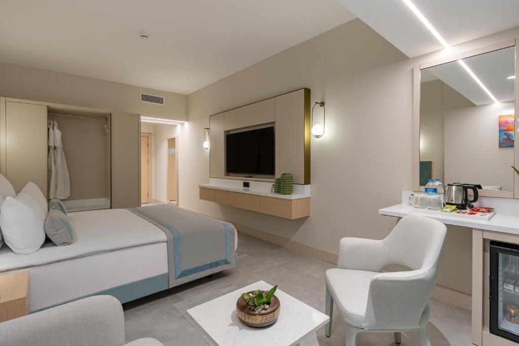 Moderns numurs Bergiz Hotels & Resort Kemer ar televizoru un atpūtas zonu.