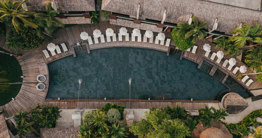 Lidošanas baseins ar saules krēslu rindu un palmu kokiem apkārt, skatīts no augšas. Šī relaksējošā vide ir ideāla atpūtai un brīvā laika pavadīšanai.