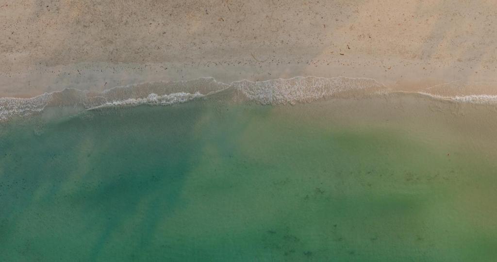 Jūras krasts ar smilšu pludmali un skaidru zaļu ūdeni, redzams no augšas. Viegla viļņu kustība un pludmales detaļas piekrastē.