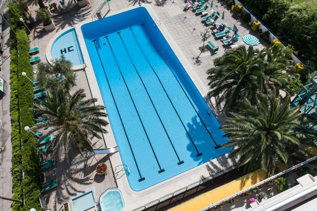 Lielisks skats uz peldbaseinu, kas ieskauts palmām un sauļošanās krēsliem, nodrošinot relaksējošu atmosfēru. Baseins ir ar garām peldēšanas joslām un pieejama arī siltā ūdens zona.