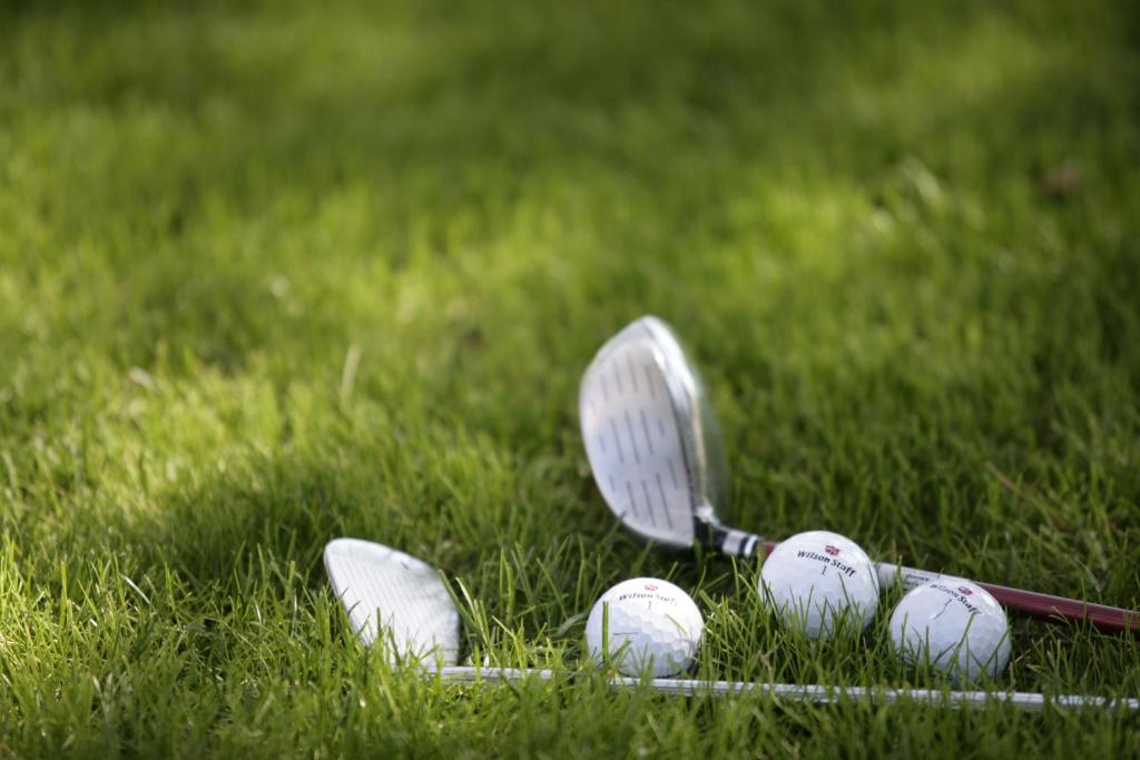 Golfo bumbiņas un nūjas atpūšas uz zaļās zāles, radot mierīgu un sportisku atmosfēru.