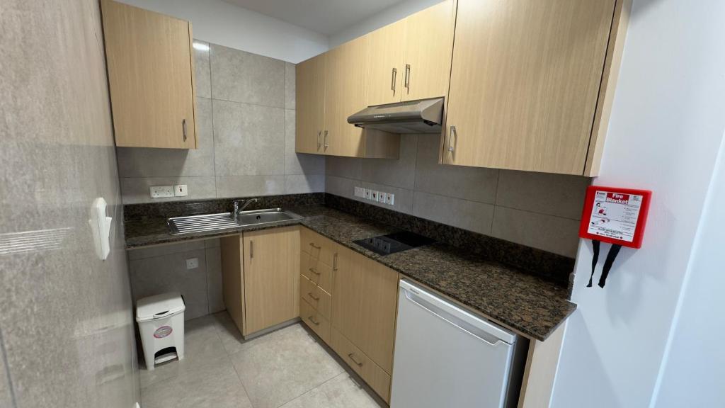 Mūsdienīga virtuve ar koka skapjiem, melnu granīta virsmu un pamata sadzīves tehniku, tostarp izlietni un plīti. Sarkanā ugunsdzēšamā paklāja norādījumi ir redzami pie sienas.