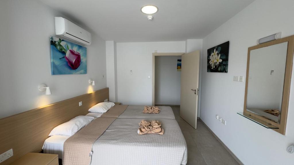 Mūsdienīgs viesnīcas numurs ar divām gultām, gaismas krāsas interjeru un dekoratīvām gleznām uz sienām. Numurā ir gaisa kondicionētājs un spogulis.