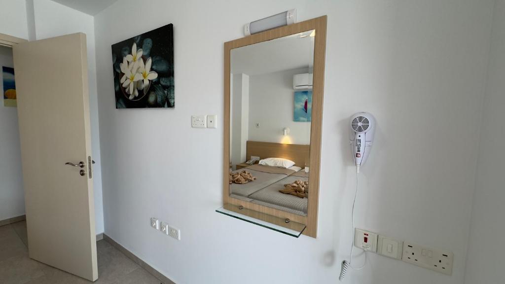 Mūsdienīgs viesnīcas numurs ar gultu, spoguli un mākslas darbiem uz sienām. Redzams arī matu žāvētājs un gaismas avots.