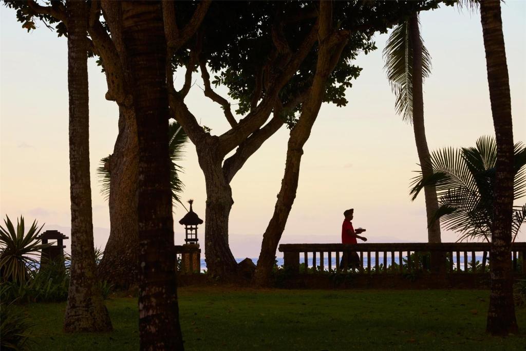 Silhouette of a person walking along a path surrounded by lush greenery and trees at sunset, creating a tranquil atmosphere.