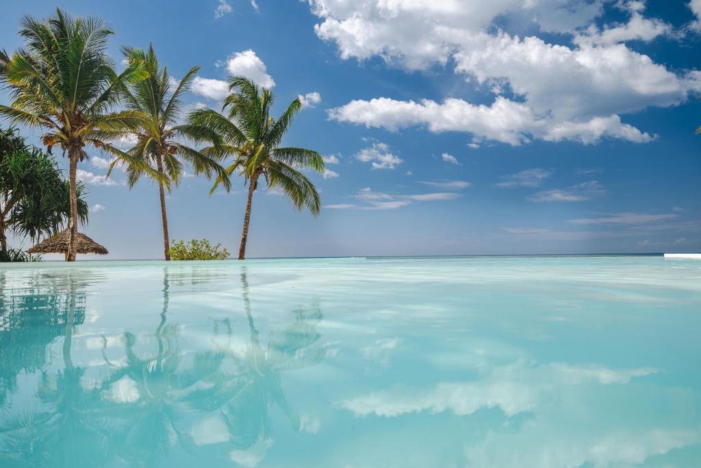 Zanbluu Beach baseins ar skatu uz okeānu un palmām.