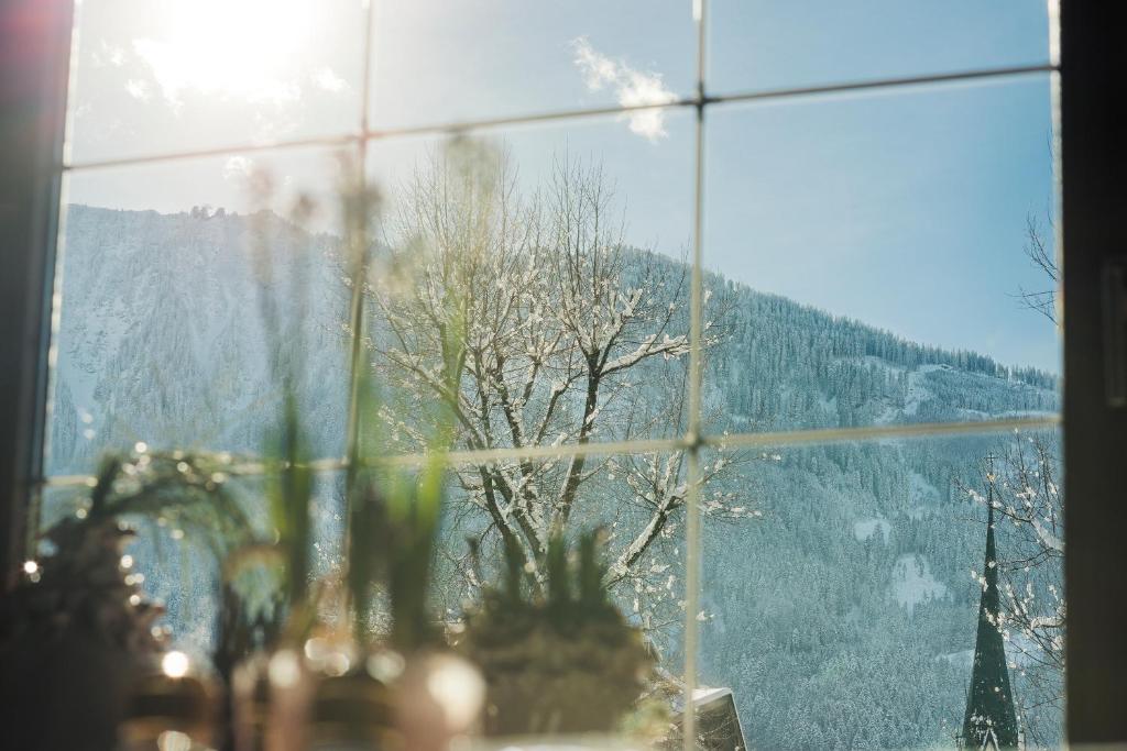 Apsnigušas kalnu ainava caur logu ar saules gaismu un zaļām augsnēm priekšplānā.