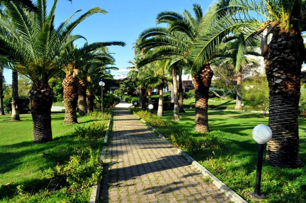 Zaļš parks ar palmām abās pusēs un bruģētu celiņu, kas ved uz ēkām. Apgaismojuma laternas pie celiņa piešķir atmosfēru.