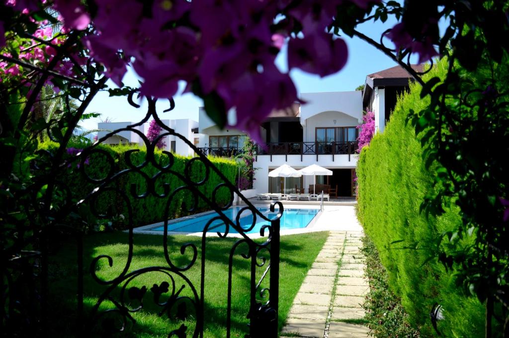 Eleganta villa ar peldbaseinu, ko ieskauj zaļš zālājs un rozā ziedi, radot mierīgu atmosfēru. Perfects vieta atpūtai un relaksācijai.