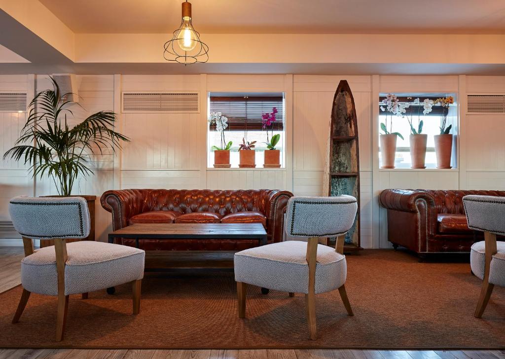 Mūsdienīgs un elegants interjers ar brūnu ādas dīvānu un stilīgām krēslām, apzaļumots ar augiem. Telpa izstaro siltumu un komfortu, padarot to par ideālu vietu atpūtai.