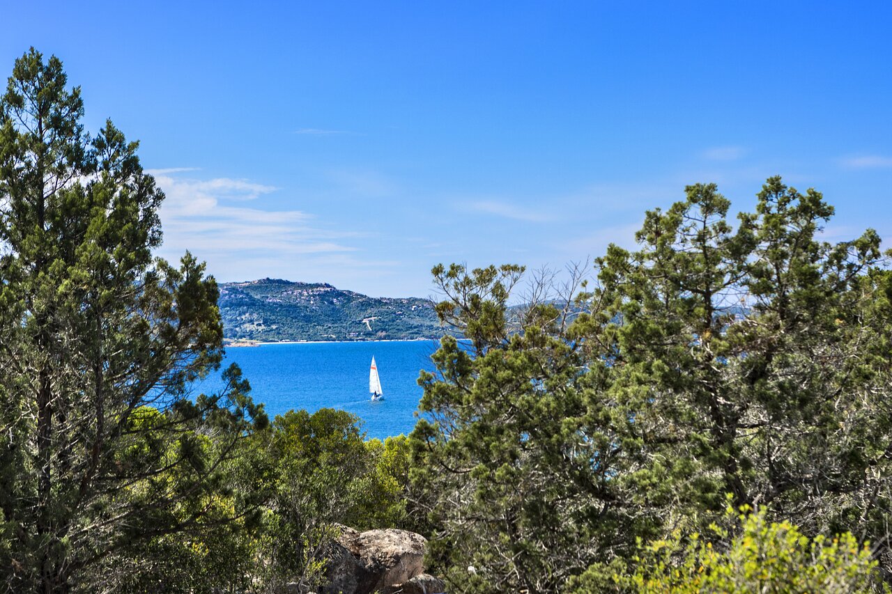 7 Pines Resort Sardinia skats uz jūru un buru laivu