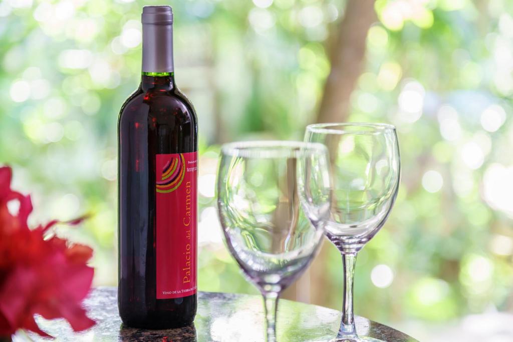 Sarkanais vīns kopā ar divām glāzēm, izvietots uz galda ar zaļojoša fona. Vīna pudele ir ar krāsainu etiķeti un ziedu akcentiem.