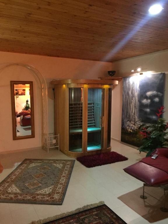 Mūsdienīga atpūtas telpa ar koka griestiem, saunu un mākslas darbu uz sienas, papildināta ar augiem un mīkstajām mēbelēm.