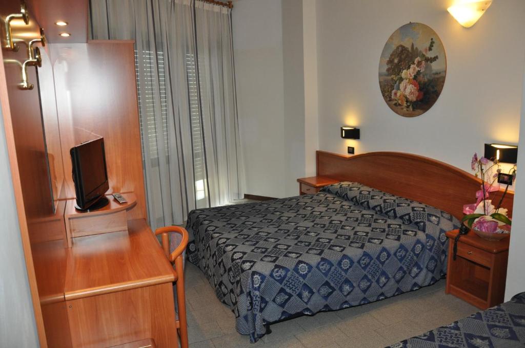 Mūsdienīga viesnīcas numuriņa iekārtojums ar divguļamo gultu, televizoru un dekoratīviem elementiem, piemēram, ziedu gleznām. Gaisma un aizkari rada mājīgu atmosfēru.