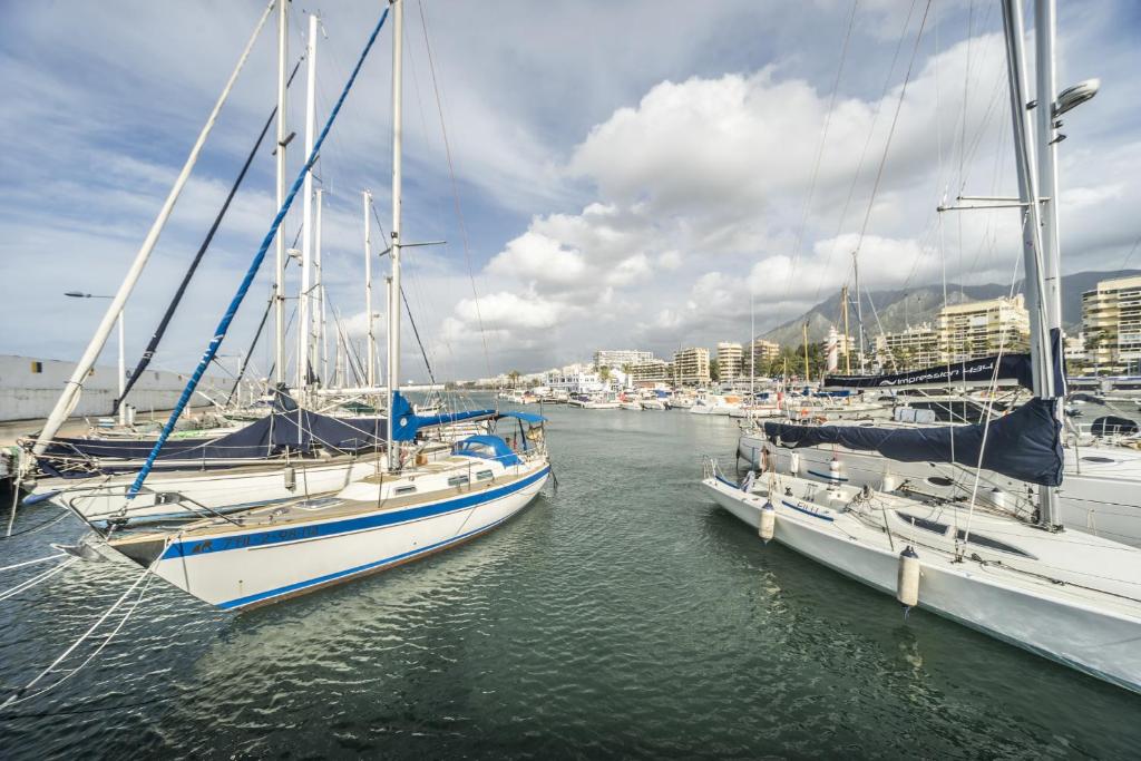 Jachtas piestātnē ar kalnu fonu, apmākušas debesis un daudzas laivas. Ideāla ainava jūras un kuģošanas mīļotājiem.