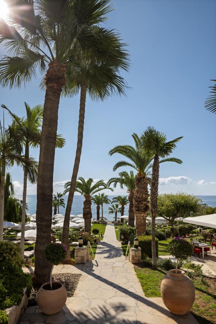 Skats no Mediterranean Beach Hotel dārza uz Vidusjūru — akmens taciņa, augstas palmas, balti saulessargi un zālājs Limasolas piekrastē