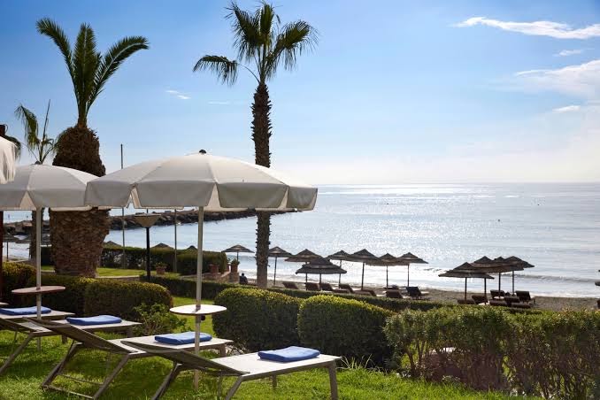 Mediterranean Beach Hotel atpūtas zona pie jūras Limasolā, Kiprā — sauļošanās krēsli zālienā ar saulessargiem un skatu uz Vidusjūru