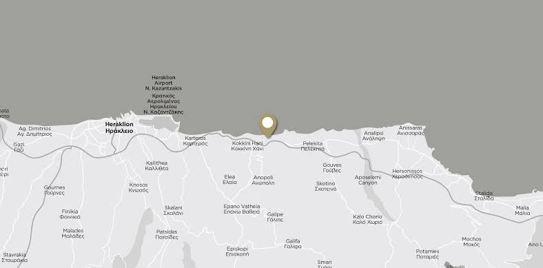 Mitsis Rinela Beach Resort atrašanās vietas karte Krētas ziemeļu piekrastē netālu no Iraklijas lidostas un Kokini Hani ciemata