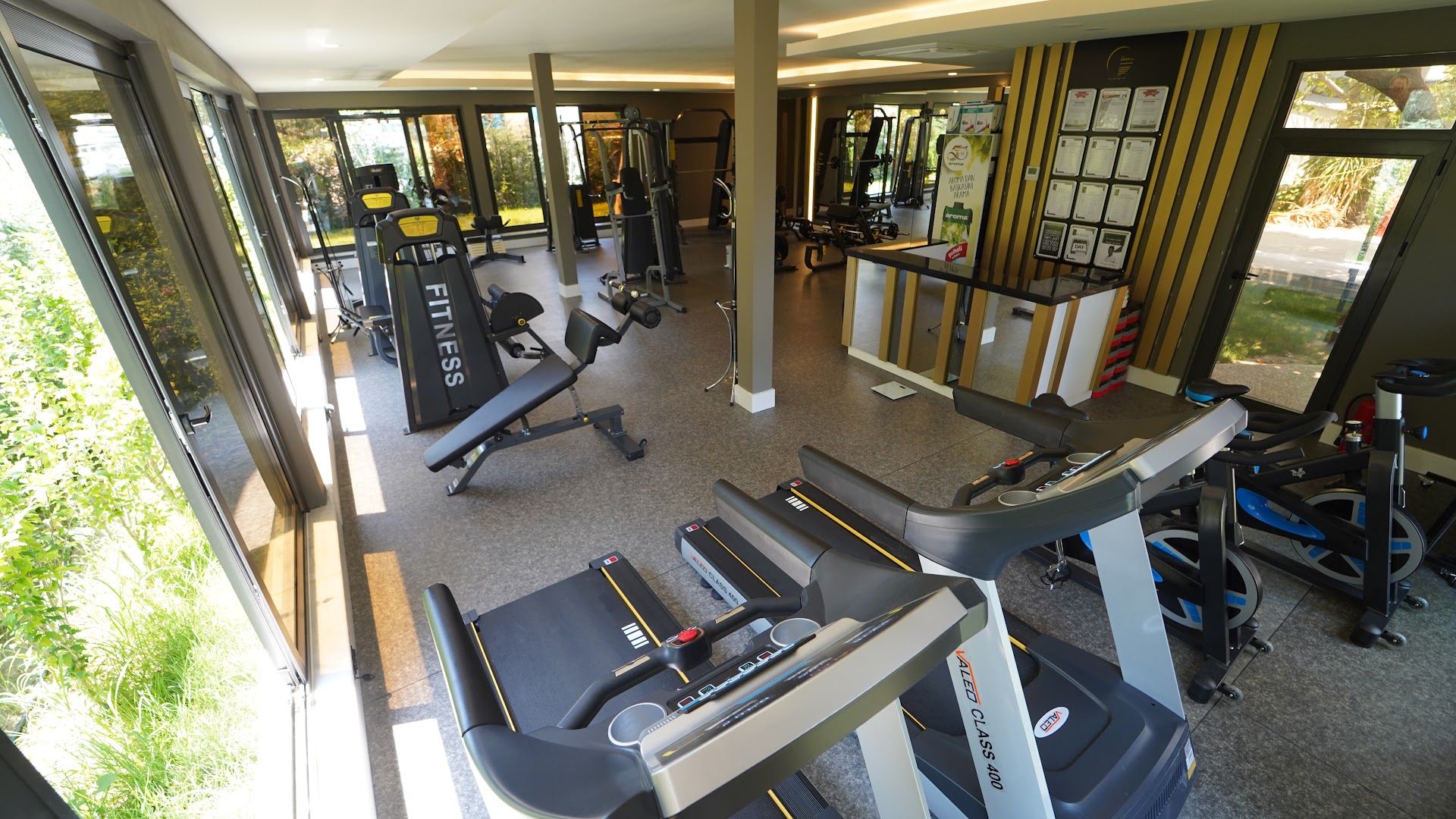 Mūsdienīga The Raga Side fitness zāle ar skrejceļiem un spēka trenažieriem un skatu uz dārzu