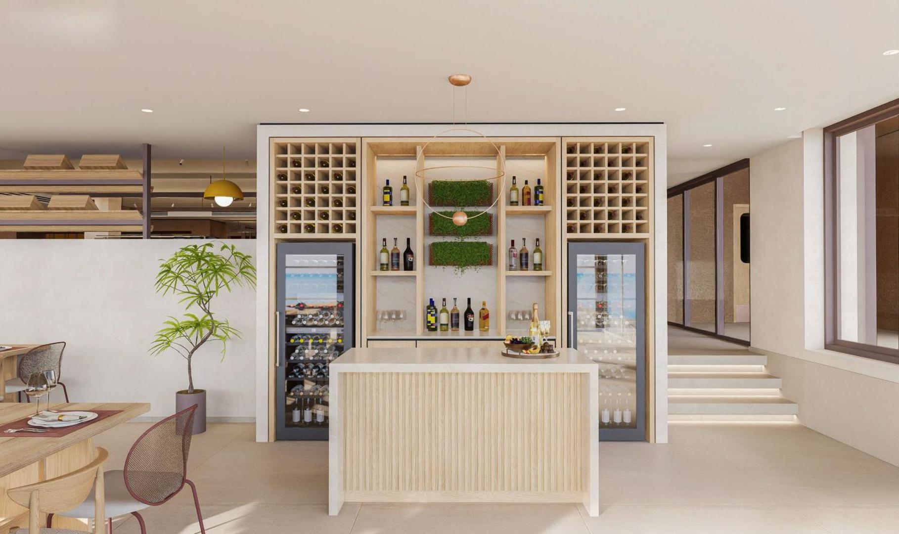 Blue Sea Beach Affiliated By Melia viesnīcas modernais vīna bārs un degustāciju zona ar gaiša koka apdari un plašu dzērienu izvēli