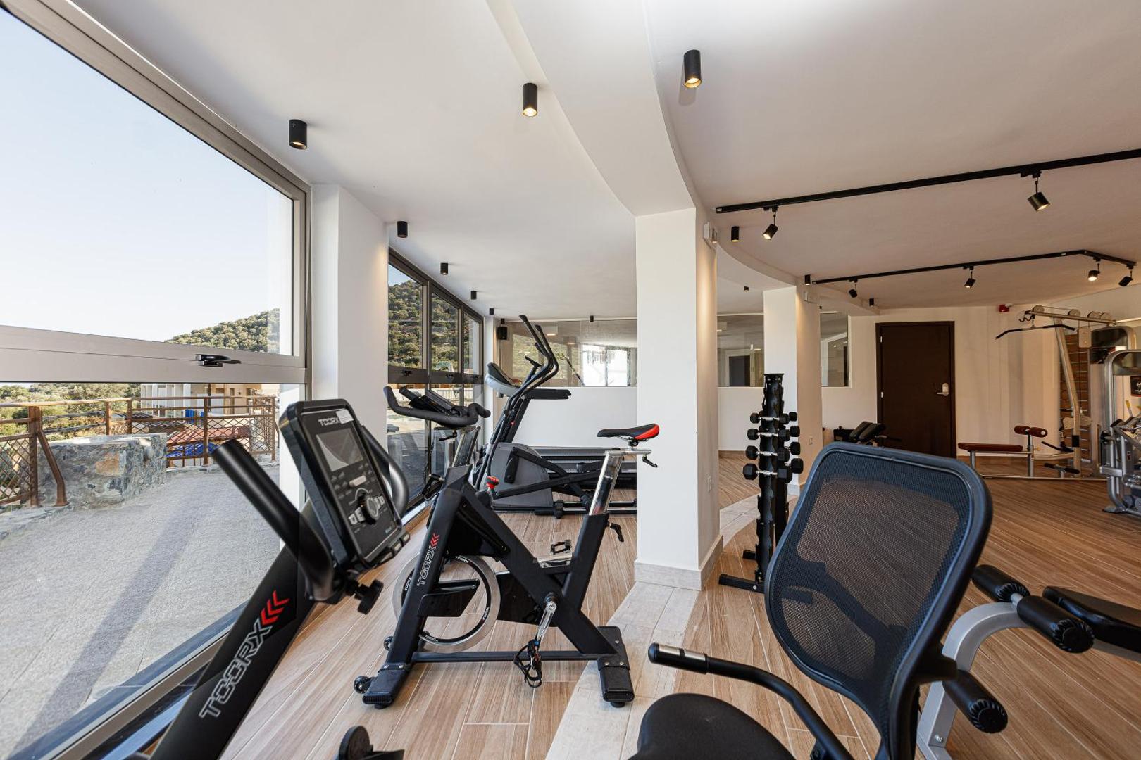 Filion Suites Resort & Spa kardio trenažieru zona ar skatu uz apkārtnes dabu caur lielajiem logiem