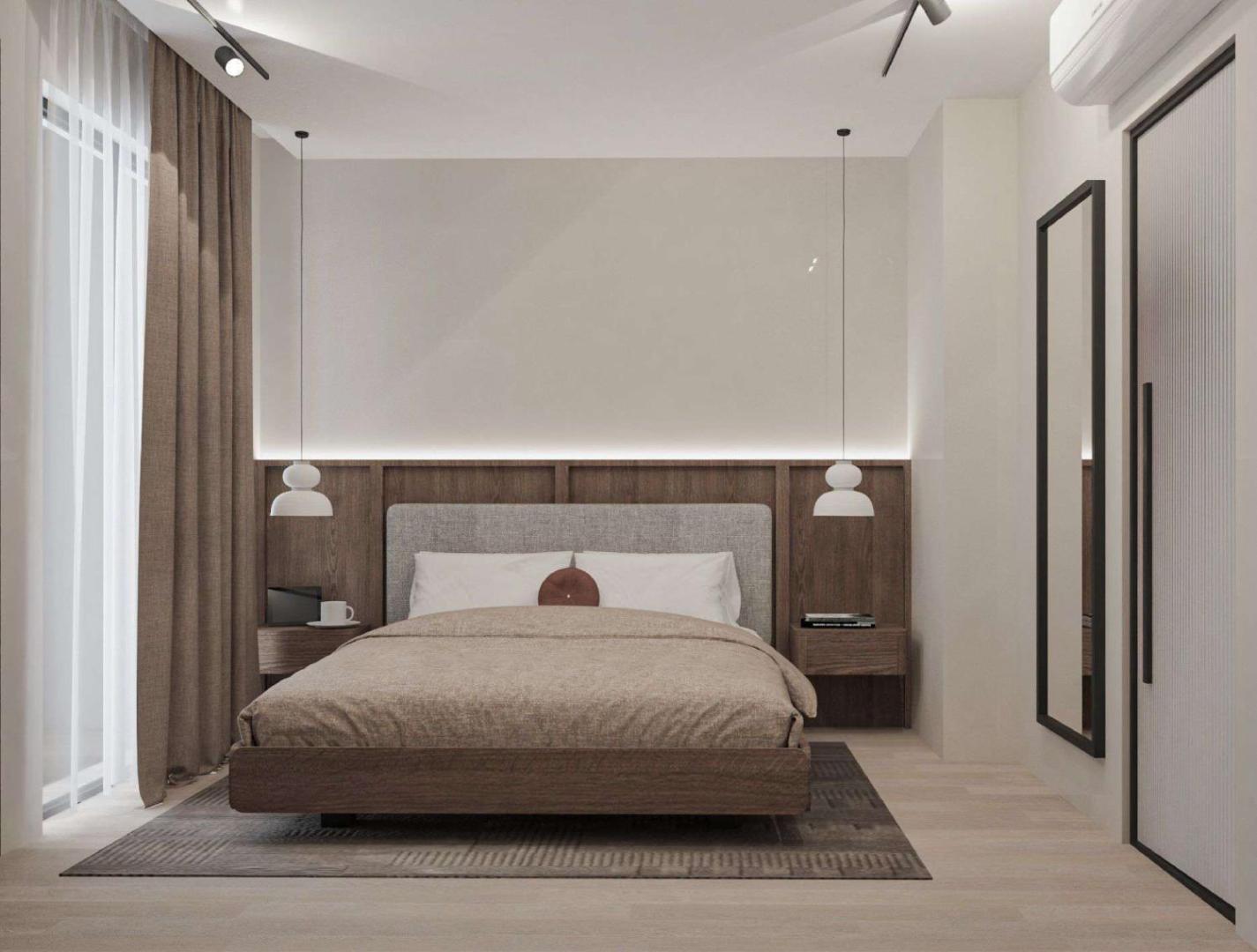 Filion Suites Resort & Spa plašs numurs ar lielu gultu, dizaina gaismekļiem un spoguli Bali kūrortā, Krētā