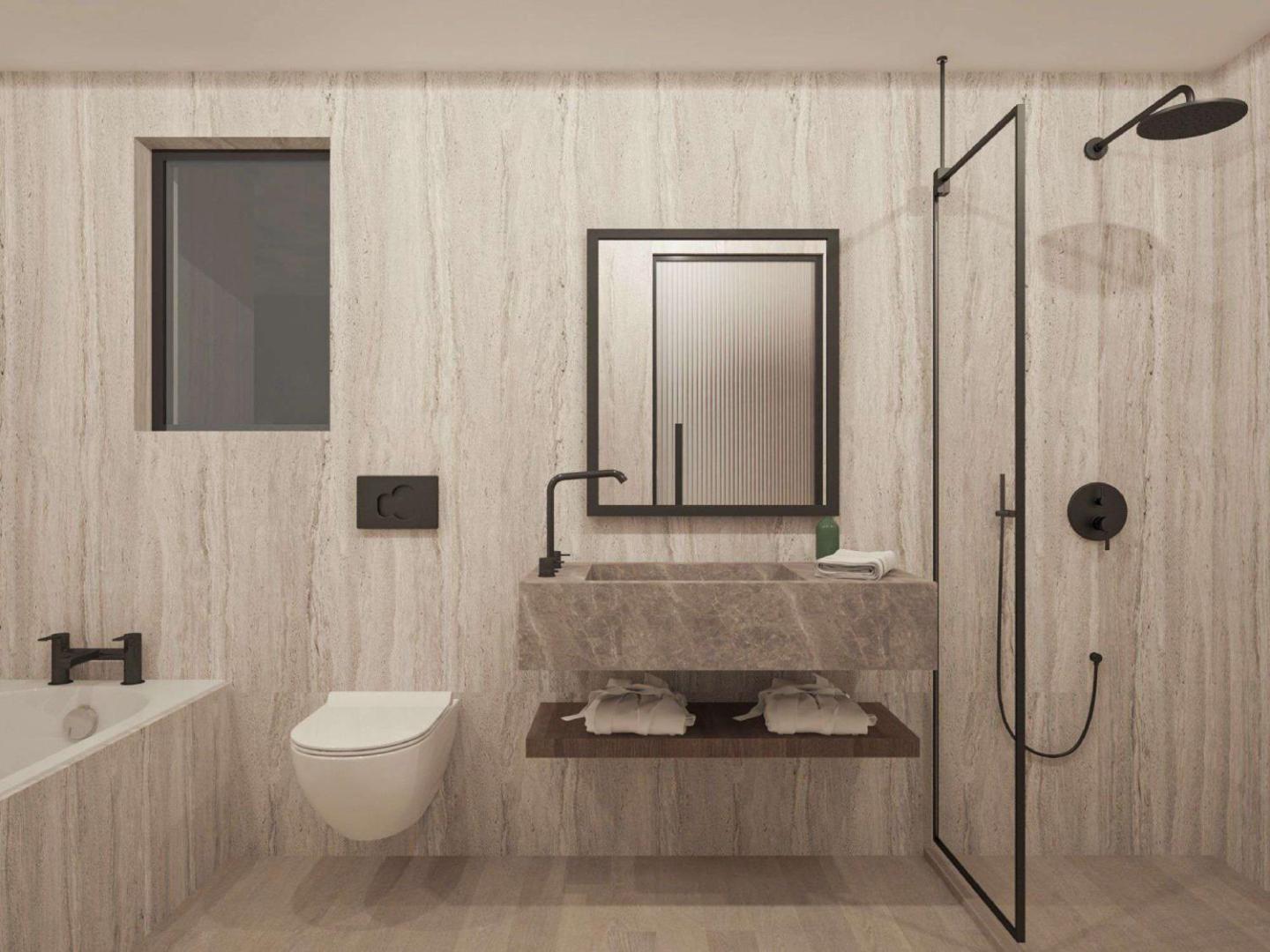 Filion Suites Resort & Spa moderna vannas istaba ar akmens apdari, melnu santehniku, dušu un vannu Bali ciemā, Krētā