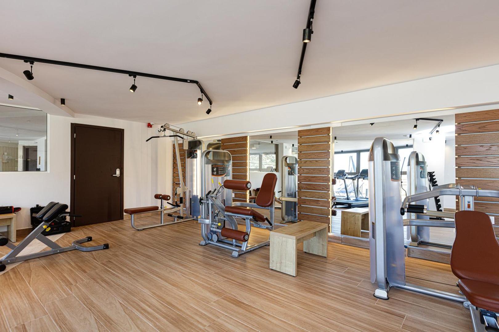 Filion Suites Resort & Spa moderns fitness centrs ar spēka trenažieriem un koka imitācijas flīžu grīdu