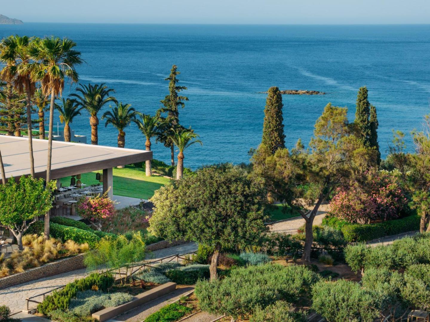 Minos Palace Resort dārza teritorija ar olīvkokiem un palmām piekrastē — skats uz zilo Vidusjūru un viesnīcas terasi