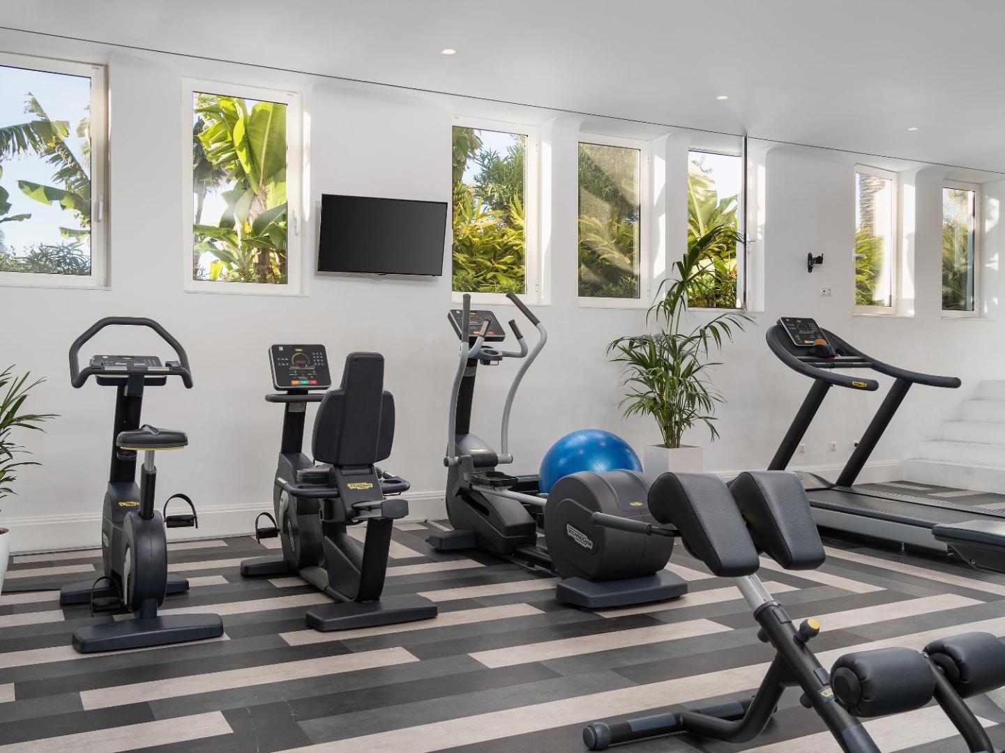 Mūsdienīgs fitness centrs Caramel Grecotel Boutique Resort ar Technogym kardio trenažieriem un skatu uz dārzu